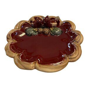 Vintage Ceramic Holiday Plate with Cardinals and Pinecones – Red & Gold Glaze –